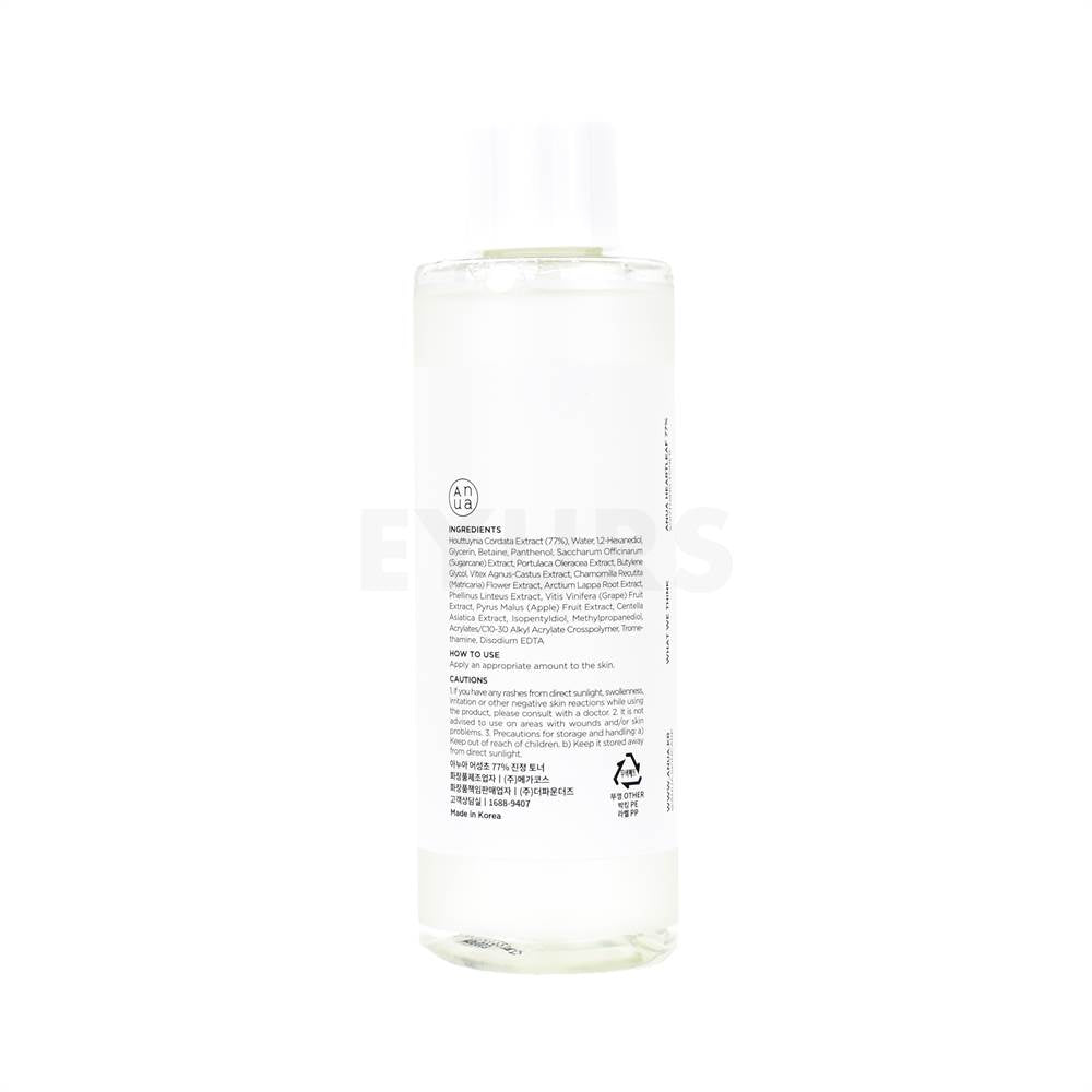 anua heartleaf 77 soothing toner 250ml back of product