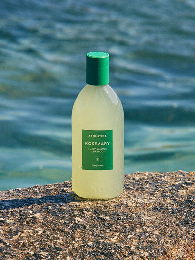 aromatica rosemary scalp scaling shampoo next to ocean
